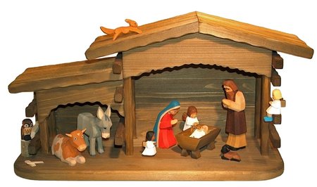 Lotte Sievers-Hahn Krippenfiguren 12cm, Krippenstall rustikal, groß, mit Licht