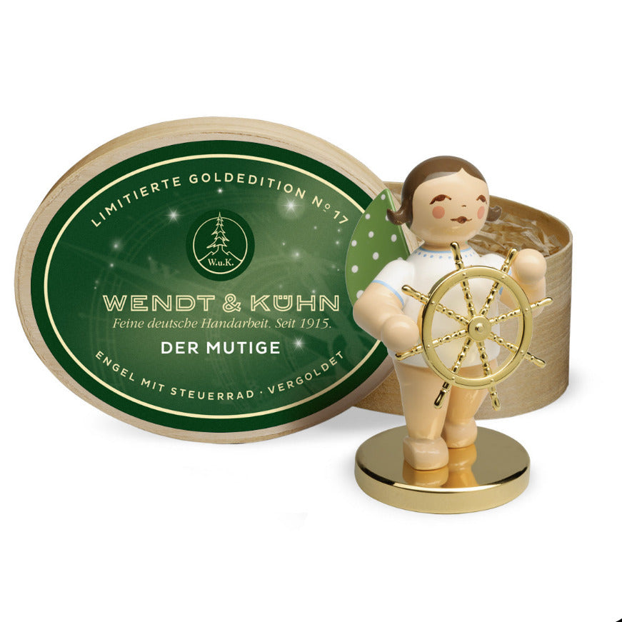 Wendt & Kühn Limitierte Goldedition No. 17, Der Mutige, Engel mit Steuerrad auf Metallsockel, vergoldet, in Spanschachtel