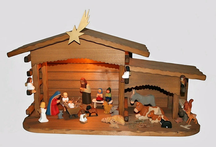Lotte Sievers-Hahn Krippenstall rustikal, groß, mit Licht, passend zu 12cm Krippenfiguren