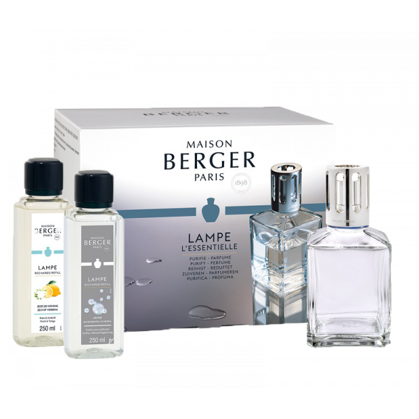 Lampe Berger Geschenkset ESSENTIELLE ECKIG mit jeweils 250ml neutraler Essenz und Zeste Verveine