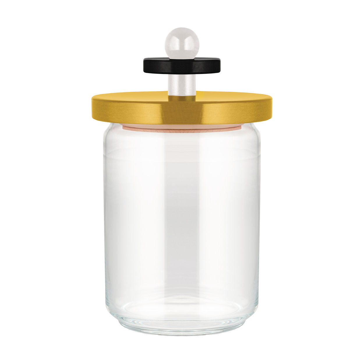 Alessi 100 Values Collection Küchendose hoch aus Glas mit Deckel aus Buchenholz, gelb, schwarz und weiß