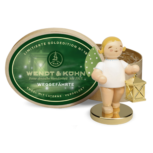 Wendt & Kühn Limitierte Goldedition No 18, Weggefährte, Engel mit Laterne auf Metallsockel, vergoldet, in Spanschachtel