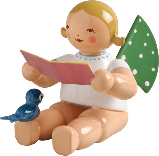 Wendt & Kühn Engel mit Liederbuch und Vogel, sitzend ohne Sockel