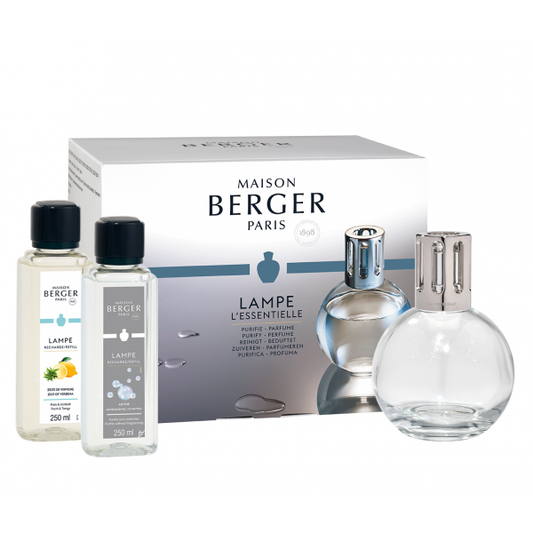 Lampe Berger Geschenkset ESSENTIELLE RUND mit jeweils 250ml neutraler Essenz und Zeste Verveine
