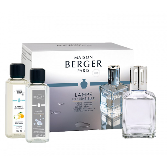 Lampe Berger Geschenkset ESSENTIELLE ECKIG mit jeweils 250ml neutraler Essenz und Zeste Verveine